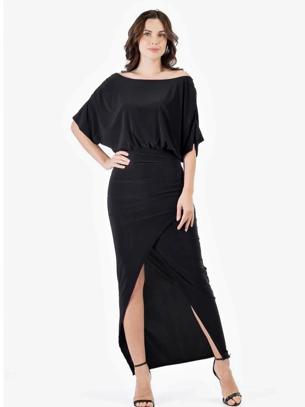 24seven Comfort Apparel Boat Neck Batwing Sleeve Slit Maxi Dress